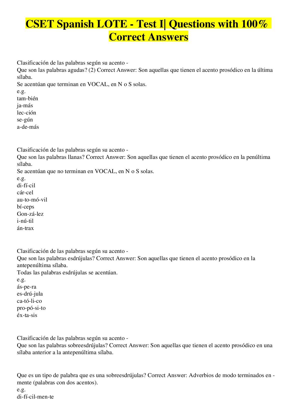 CSET Spanish LOTE Test I Questions with 100 Correct Answers Browsegrades